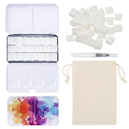 PEVART 53-teiliges Set: 1x Leere Aquarelldose Malkasten Aquarellkasten Metallbox leer Mal-Paletten, 50x Leere Aquarell Pfännchen Wannen Näpchen für Aquarellfarben, 1x Wasser-Pinsel, 1x Beutel von PEVART