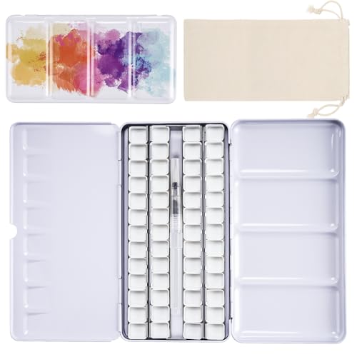 PEVART 55-teiliges Set: 1x Leere Aquarellkasten Aquarelldose Metallkasten Farbkasten leer Mal-Paletten, 52x Leere Aquarell Pfannen Wannen Näpfen für Aquarellfarben, 1x Wassertankpinsel, 1x Stoffbeutel von PEVART