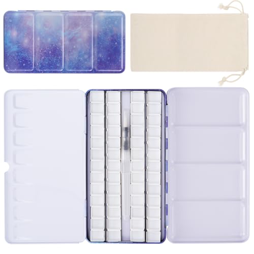 PEVART 55-teiliges Set: 1x Leere Aquarellkasten Wassermalkasten Aquarelldose Metallkasten leer Mal-Paletten, 52x Leere Aquarell Pfannen Wannen Näpfen für Aquarellfarben, 1x Wasser-Pinsel, 1x Beutel von PEVART