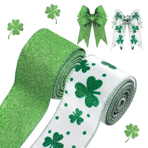 Bänder mit Drahtrand, 20 m, 2 Rollen, Bastelband für Bastelarbeiten, Kränze, Schleifen, Verpackung, Geschenkdekoration, 6,3 cm breit (St. Patrick's Day) von PEVOGON