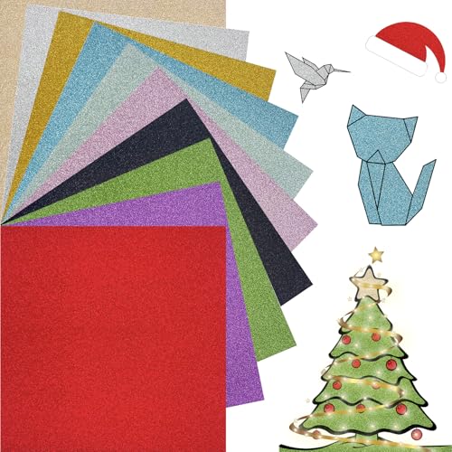 Bastel Glitzer Faltblätter Faltpapier für Origami Glitzerpapier - 50 Blatt Einseitig Farbiges Papier 15 x 15 cm/ 6 Zoll, 10 Farben quadratisch Buntpapierset für DIY Kunst und Bastelprojekte von PEZEEU