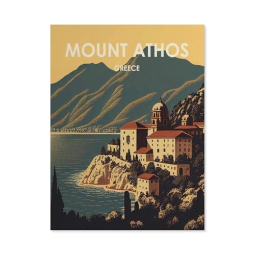 5D DIY Diamond Painting Set，Mount Athos Griechenland Vintage Reise Poster Küste，Runder Diamant Kreuzstich, Mosaik Raumdekoration Malerei(40 x 50 cm/15.74 x 19.68 Zoll)-AT36 von PGCKSK