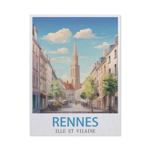 PGCKSK 3D DIY Diamond Painting Set，Rennes Ille Et Vilaine Vintage-Reiseposter，Runder Diamant-Kreuzstich, handgestickte Familie Wanddekoration Malerei(40 x 50 cm/15.74 x 19.68 Zoll)-AR59 von PGCKSK