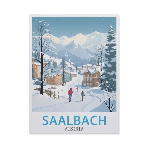 PGCKSK 5D DIY Diamantmalerei Kit，Saalbach Österreich, Vintage-Reiseposter，Kristallmosaik Vollbohrer Round Diamantmalerei Stickerei Zubehör（50 x 60 cm/19.68 x 23.62 Zoll）-AX38 von PGCKSK