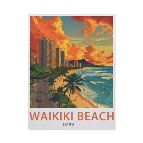 PGCKSK 5D DIY Diamond Painting Set，Waikiki Strand-Hawaii-Poster，Runder Diamant Kreuzstich, Mosaik Raumdekoration Malerei（40 x 50 cm/15.74 x 19.68 Zoll）-AZ76 von PGCKSK