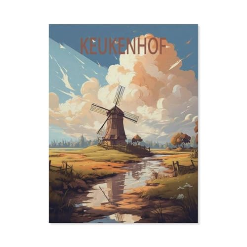 PGCKSK DIY 5d Diamond Malerei ，Keukenhof Windmills Vintage-Reiseposter，Vollrunde Diamond Stickkits Cross -Stitch Kristall Strassbilder Kunsthandwerk Home Wall Decoration（50 x 60 cm）-AV25 von PGCKSK