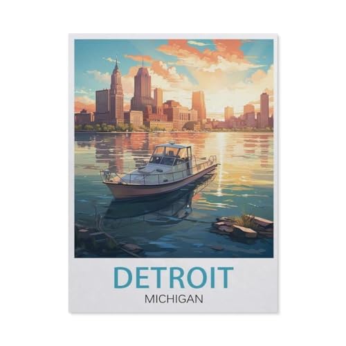 PGCKSK Detroit Michigan Vintage-Reiseposter,Full Round Diamond 5D DIY Diamond Painting 3D Stickerei Kreuzstich Mosaik Gemälde Dekor(30 x 40 cm/11.81 x 15.74 Zoll)-AM12 von PGCKSK