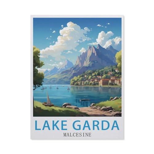 PGCKSK Diamond 5D DIY Diamond Painting，Gardasee Malcesine Vintage-Reiseposter，3D-Stickerei Kreuzstich-Mosaik-Malerei-Dekor（30 x 40 cm/11.81 x 15.74 Zoll）-BA68 von PGCKSK