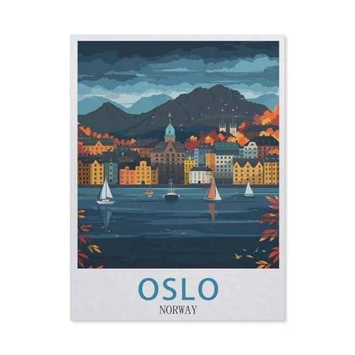 PGCKSK Diamond Painting，Oslo-Norwegen-Vintage-Reiseposter，Crystal Embroidery Beads 5D Full Round Cross Stitch Kit Handwork Mosaic（30 x 40 cm/11.81 x 15.74 Zoll）-AX43 von PGCKSK