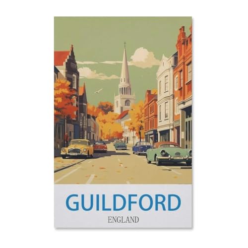 PGCKSK Guildford Vintage Reiseplakat England，Full Round Diamond 5D DIY Diamond Painting 3D Stickerei Kreuzstich Mosaik Gemälde Dekor(40x50cm G42 von PGCKSK