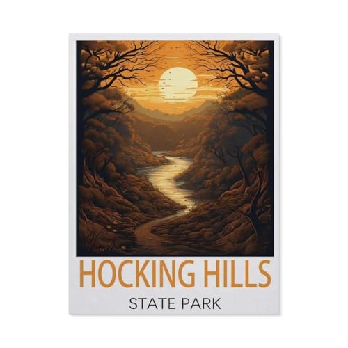 PGCKSK Hocking Hills State Park Vintage-Reiseposter,Full Round Diamond 5D DIY Diamond Painting 3D Stickerei Kreuzstich Mosaik Gemälde Dekor(40 x 50 cm/15.74 x 19.68 Zoll)-AI32 von PGCKSK