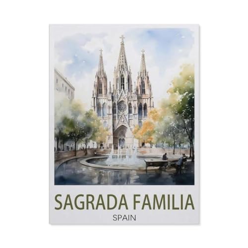 Sagrada Familia Spanien Vintage-Reiseposter，Diamant-Malerei-Sets für Erwachsene – 5D-Diamant-Malerei-Kit, Vollbohrer Diamant-Kunst-Kits für Zuhause Wanddekoration（30 x 40 cm/11.81 x 15.74 Zoll）-AW13 von PGCKSK