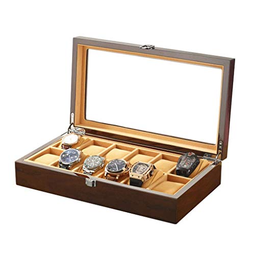 Uhrenbox-Organizer aus Massivholz mit Glasplatte von Case Elegance, 12 Fächer, hochelastischer Schwamm, abnehmbare Polster, Kissenhalter, Aufbewahrungsbox für Uhrendisplays von PGMUHNXV
