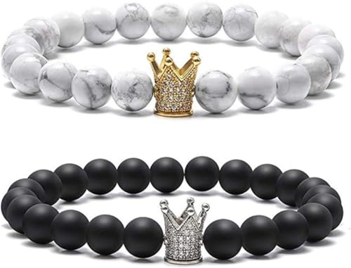 Armband, Armbänder, Armbänder for Frauen, 2 Stück Lava Rock Armband London Distanz Paare Beziehung Crown Queen 8 mm Perlen Armband von PGPAYH