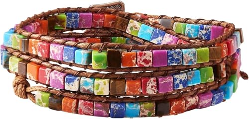 PGPAYH Armband, Armbänder, Armbänder for Frauen, Perlen-Wickelarmbänder, Edelstein-geflochtenes Regenbogen-Pride-Armband, Synthetisches imperiales Jaspis-Würfel-Armband mit DREI Schlaufen von PGPAYH