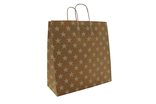 PGV Papiertaschen Papiertüten braun mit Kordel - Sterne Weiss - Verschiedene Größen und Mengen (50 Stück, 35 + 14 x 35 cm) von PGV