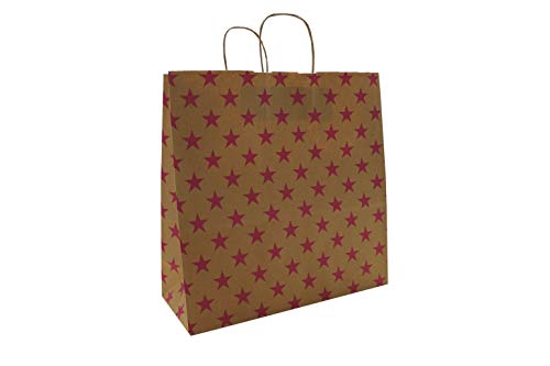 Papiertaschen Papiertüten braun mit Kordel - Sterne PINK - Verschiedene Größen und Mengen (100 Stück, 35 + 14 x 35 cm) von PGV