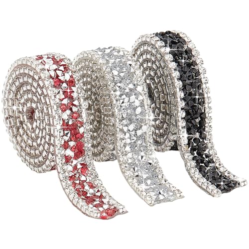 PH PandaHall 1,5 Yard 3 Farben Kristall Strass Trim 15 mm Hot Fix Band Kette Eisen auf Applikation Verzierung für DIY Hochzeit Brautkleid Schuhe Telefon Dekor, Schwarz/Silber/Rot von PH PandaHall