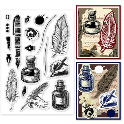 PH PandaHall 1 Stück Transparente Stempel Mit Federn Silikon Stempel Vintage Stil Federstift Gummisiegelstempel Für Die Kartenherstellung DIY Basteln 11x16cm von PH PandaHall