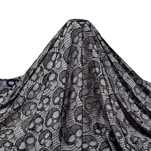 PH PandaHall 1.8 m Schwarzer Totenkopf Spitzenstoff Halloween Baumwollstoff 1.5m Breite Schwarzer Tüll-Stoff Spitze Stoff für Halloween Kleid nähen Tischtuch Vorhänge Party Overlay DIY Home Decor von PH PandaHall