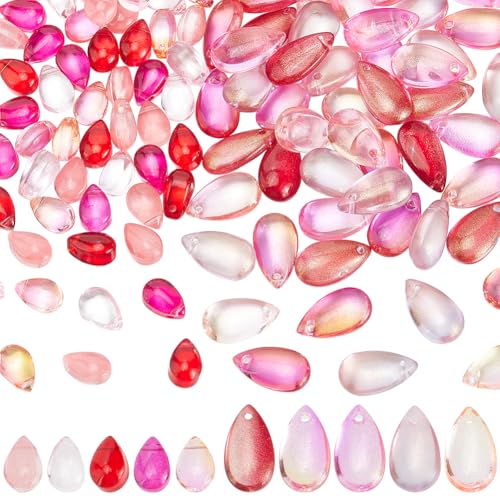 PH PandaHall 10 Styles Teardrop Kristall Perlen 200pcs Wassertropfen Kristall Glasperlen 2 Größen Rosa Transparentes Glas Charms Top gebohrte Perlen für DIY Handwerk Schmuck machen Kostüm Dekoration von PH PandaHall