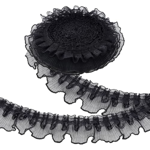 PH PandaHall 10 Yards Schwarze Rüschen Spitzenband Trim Plissee Spitze Stoff Trim Rüschenbesatz 6cm Breit Doppellagig Gerafft Zum Basteln Nähen Verzierungen von PH PandaHall