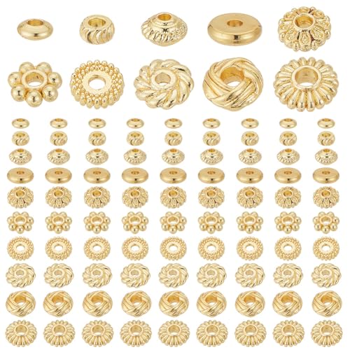 PH PandaHall 100 Stück 18 Karat Gold Abstandsperlen 10 Stile Metallperlen Flache Runde Blumen Rondelle Perlen Lose Perlen Für Mehrschichtige Armbänder Halsketten Ohrringe Satelliten Schmuckherstellung von PH PandaHall