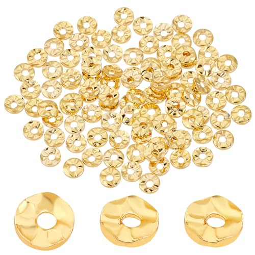 PH PandaHall 100 Stück 18 Karat Vergoldete Abstandsperlen, 4 mm Flache, Runde, Lose Perlen, Gewellte Scheiben, Messingperlen Für Die Herstellung von Sommerschmuck, DIY-Bastelarbeiten, Bohrung: 1.2 mm von PH PandaHall