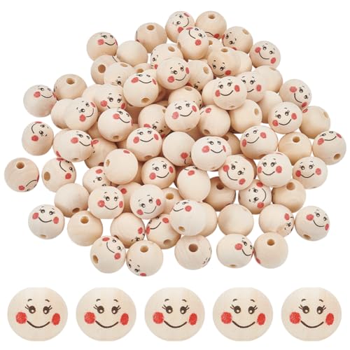 PH PandaHall 100 Stück Bemalte Holzperlen 20 mm Smile Face Holzperlen Distanzperlen Lose Perlen Europäische Perlen Für DIY Handwerk Armband Halskette Schlüsselanhänger Schmuckherstellung von PH PandaHall