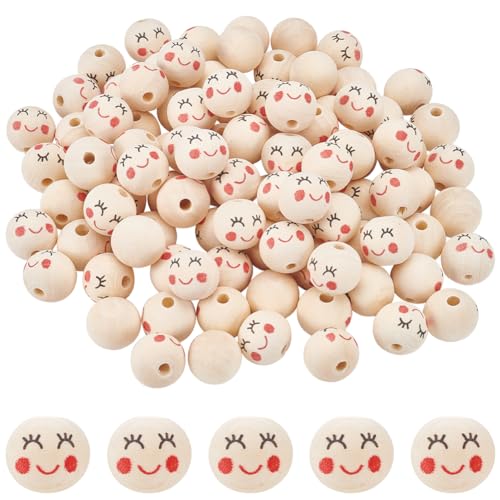 PH PandaHall 100 Stück Holzperlen 20 mm Smile Face Holzperlen Natürliche Lose Holzperlen Mit Großem Loch Europäische Perlen Für DIY Engel Handwerk Armband Schmuckherstellung Loch 5 mm von PH PandaHall