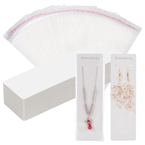 PH PandaHall 100 Stück Lange Halsketten Displaykarten Mit 100 Stück Transparenten Selbstklebenden Beuteln Weiße Schmuck Display Karten Papier Hängekarten Halsketten Halter Bastel Organizer Verpackung von PH PandaHall