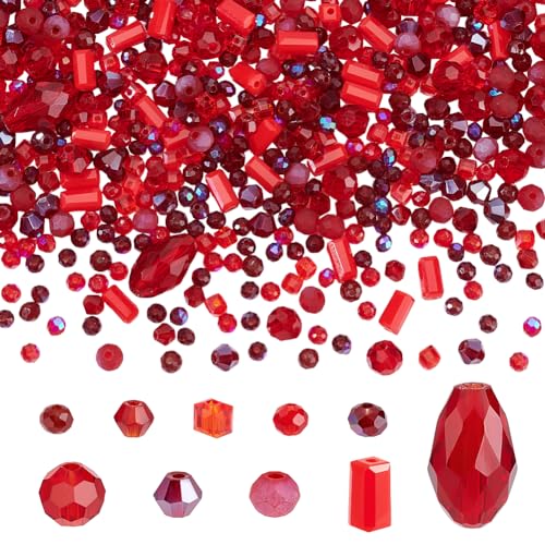 PH PandaHall 1000 Stück 10 Stile Rote Perlen Zum Auffädeln, Facettierte Rondelle Kristallperlen, Abstandsperlen Für Armbänder, Halsketten, Windspiele, Kunsthandwerk, Schmuckherstellung, 3-12mm von PH PandaHall