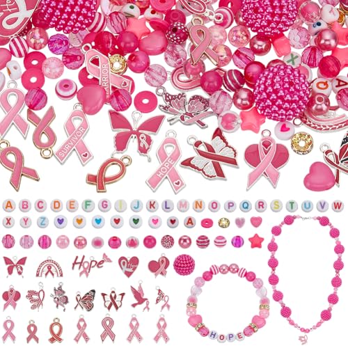 PH PandaHall 1007pcs Brustkrebs-Bewusstsein Perlen Rosa Schleife Charms 8mm Runde Abstandshalter Perlen Brief Perlen Acryl losen Perlen Stern Herz Perlen für Schmuckherstellung Stift Armband DIY Craft von PH PandaHall