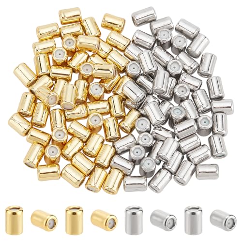 PH PandaHall 100PCS Messing Stopper Perlen 2 Farben Positionierung Abstandshalter Perlen mit Gummi-Schieber Befestigungsperlen für DIY Armband Halskette Schmuck machen 6x4mm Loch 0,5 mm von PH PandaHall