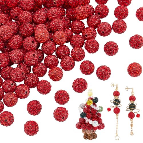 PH PandaHall 100pcs 10mm rote Strasssteine Perlen Polymer Clay Kristall Perlen Pave Disco Ball Perlen Runde Diamant-Perlen für Weihnachten Party Dekoration Schmuck DIY Crafts Halskette Armbänder von PH PandaHall