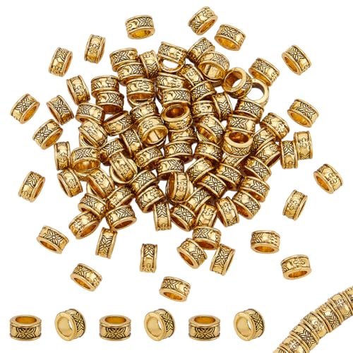 PH PandaHall 100pcs 8mm großes Loch Spacer Perlen Antike goldene Säule Perlen Tibetan Style Europäische Perlen Runde Röhrenperlen Metall Lose Perlen für Stifte, Halskette, Armband, Schmuckherstellung von PH PandaHall