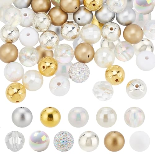 PH PandaHall 102 Stück Goldene Kaugummiperlen 16 mm Chunk Perlen Weiße Acrylperlen Große Strass Perlenperlen Runde Abstandsperlen Für DIY Stiftperlen Telefonkette Schlüsselanhänger Autoaufhängung von PH PandaHall