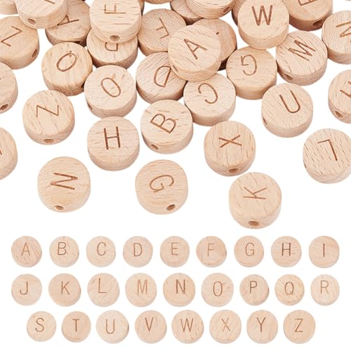 PH PandaHall 104 Stück Alphabet Holzperlen 15mm Flache Runde Buchstabenperlen Natürliche Flache Holzperlen Mit 3mm Loch Lose Holzperlen Mit Anfangsbuchstaben Für Schmuck DIY Basteln 4 Sätze von PH PandaHall