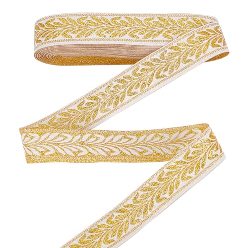 PH PandaHall 10m Blume Jacquard-Band, 2.5cm Boho-Band Spitzenbesatz Emobridered gewebtes Band für Nähen Kleidung Handmade Bag Embellishment Dekorationen, Gold von PH PandaHall