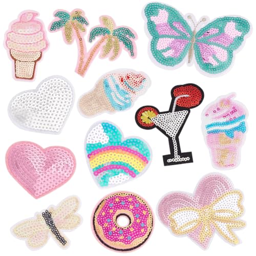 PH PandaHall 12 Styles Bügelbilder Applikationen Bestickte Patches Bügelbilder Glitzer Pailletten Aufkleber Für Kleidung Taschen Jacken Sommerurlaub von PH PandaHall