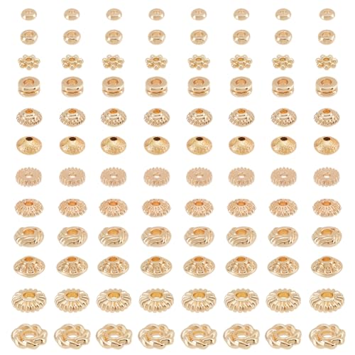 PH PandaHall 120 Stück 14K Gold Spacer Perlen 12 Stil Legierung Messing Spacer Perlen Gold Flache Tonperlen Blume Zylindrische Spacer Perlen Für Schmuck Armband Stapelbar Halskette Herstellung von PH PandaHall