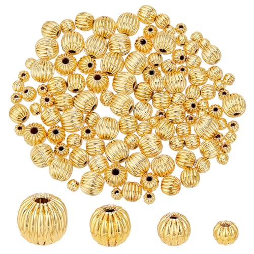 PH PandaHall 120 Stück 18 Karat Gold Abstandsperlen 4 Größen Gewellte Runde Perlen 3/4/5/6mm Metall Abstandsperlen Laternenkugel Lose Perlen Für Ohrringe Halsketten Armbänder Schmuckherstellung von PH PandaHall