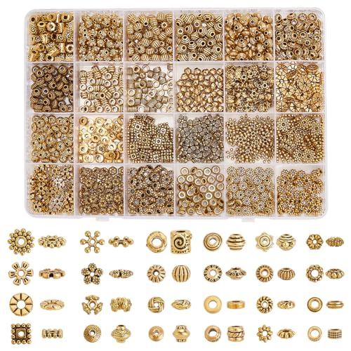 PH PandaHall 1200 Stück Antike Goldene Abstandsperlen 24 Stile Tibetische Blumen Quadrat Schneeflocken Rondelle Perlen Legierungs Abstandshalter Perlen Lose Perlen Für Armband Schmuckherstellung von PH PandaHall