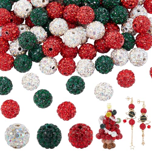 PH PandaHall 120pcs Rot Grün Strass-Perlen 10mm Weihnachten Kristall-Perlen Pave Disco Ball Lehm Perlen Polymer Clay Strass Perlen Lose Bastelperlen für Schmuck machen DIY Dekoration 3 Farben von PH PandaHall