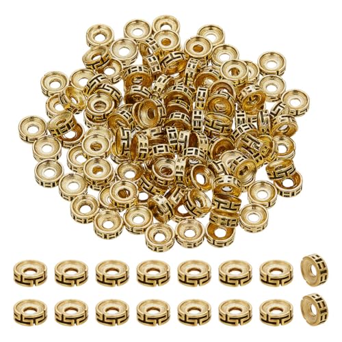 PH PandaHall 120pcs Antike Goldene Abstandshalter Perlen Tibetan Style Perlen Geschnitzte flache runde Perlen 7.5mm Rondelle Perlen Lose Perlen für Schmuckherstellung Armband DIY Crafts, Loch: 2,5mm von PH PandaHall