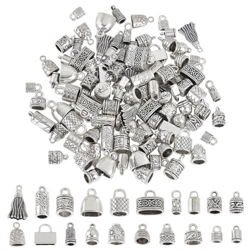 PH PandaHall 120pcs Schnur Endkappen 20 Styles Perlen Endkappen Tibetanische Silber Leder Kappe Legierung Rohr Barrel Ende Spitze Crimp Covers Seil Ende Kappen Handwerk für die Schmuckherstellung von PH PandaHall