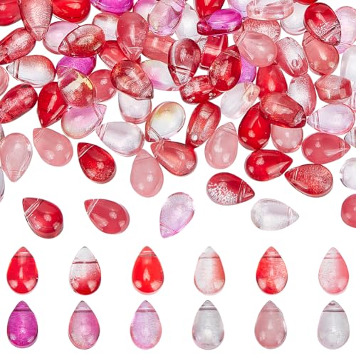 PH PandaHall 120pcs Teardrop Glasperlen 12 Farben Wassertropfen Perlen Rote Kristall-Perlen Transparente lose Perlen Regentropfen Perlen für DIY Valentinstag Halskette Armband Schmuck machen 6x9mm von PH PandaHall