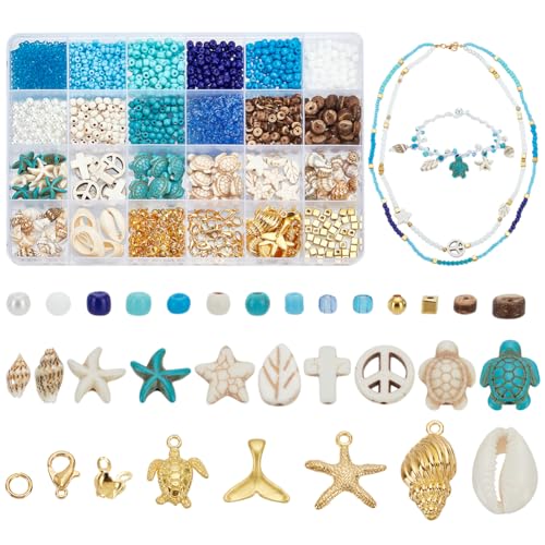 PH PandaHall 1230pcs Ozean Perlen Set für Schmuck machen, Türkis Schildkröte Seestern Perlen Muscheln Blau Glasperlen Saatgut-Perlen für Schmuckherstellung Armband Halskette Ohrring von PH PandaHall