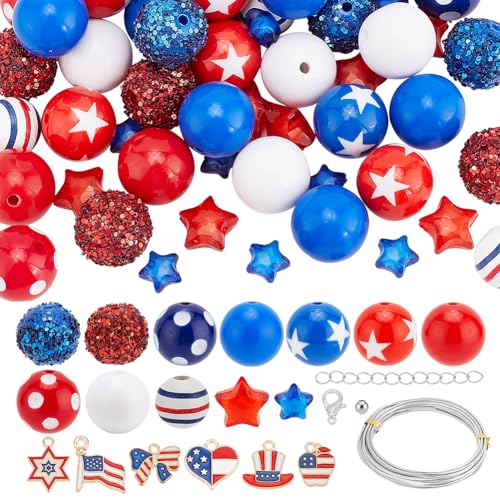 PH PandaHall 123PCS 4. Juli Perlen Set, 20mm Unabhängigkeitstag Bubblegum Perlen Legierung Emaille Bowknot Stern Herz Hut Flagge Anhänger für Schmuckherstellung Craft von PH PandaHall