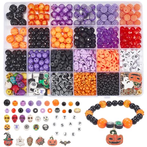 PH PandaHall 1370PCS Halloween Perlen für die Herstellung von Armbändern, 24 Styles Freundschaftsarmband Kit Acryl-Perlen Horrible Sapcer Perlen Charms für Halloween-Schmuck machen und Handwerk von PH PandaHall